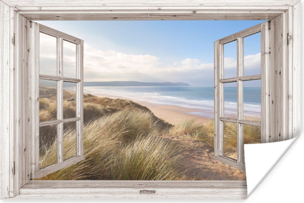 MuchoWow Poster Durchblick - Strand - Meer - Dünen - Strandgras - Sand - Blau 90x60 cm - Schlafzimmer