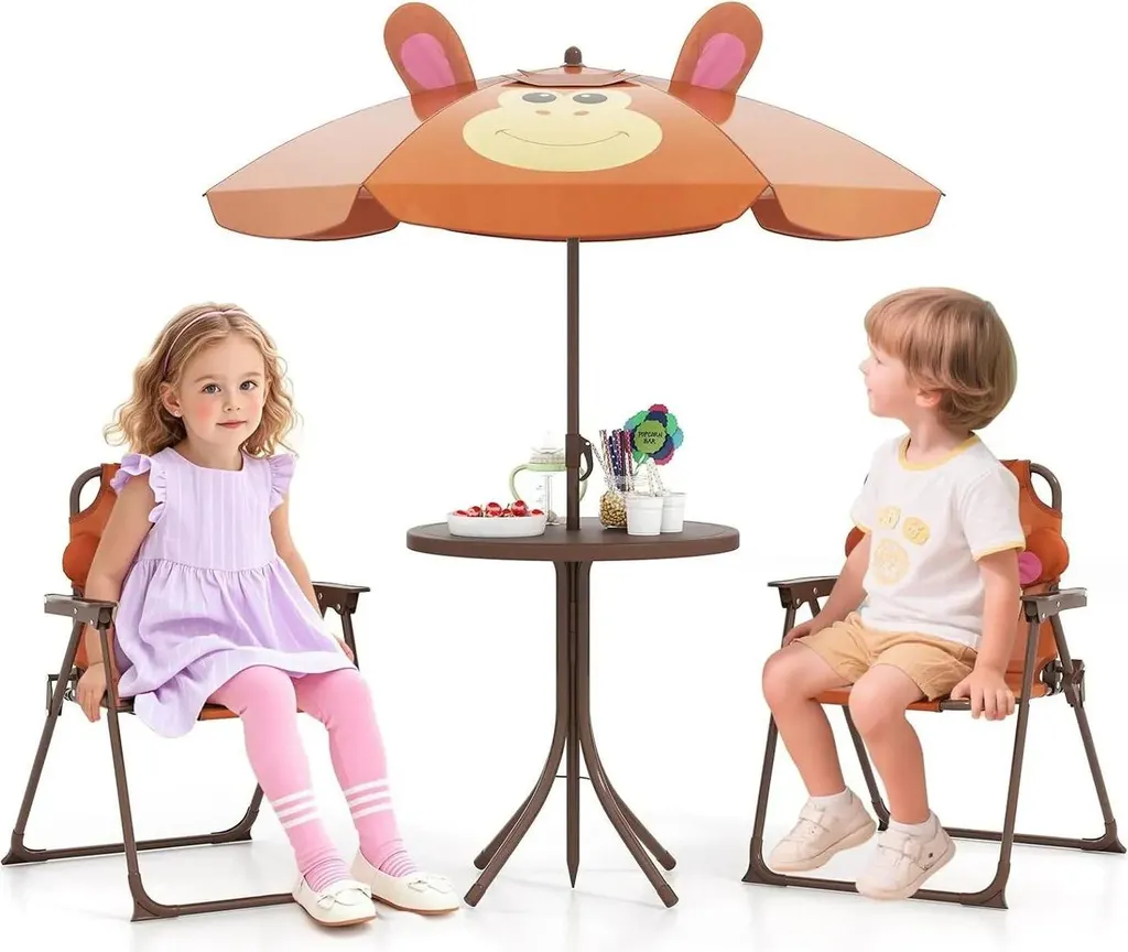 Set Picnic Bambini con Ombrellone 4 Pezzi | Tavolo da Giardino Marrone