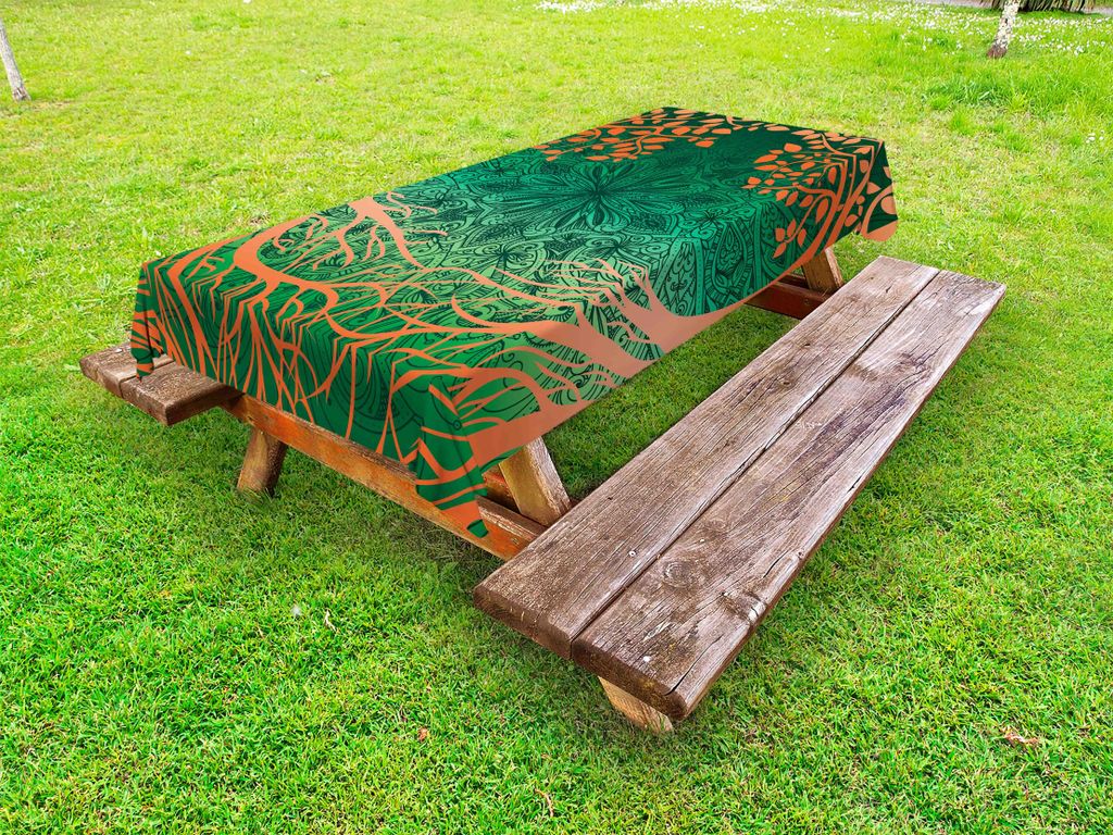 ABAKUHAUS Ethnisch Tischdecke Outdoor, Asiatisches Ethnisches Kulturelles Symbol mit Baumwurzel Muster, Orange Grün, 145x210cm