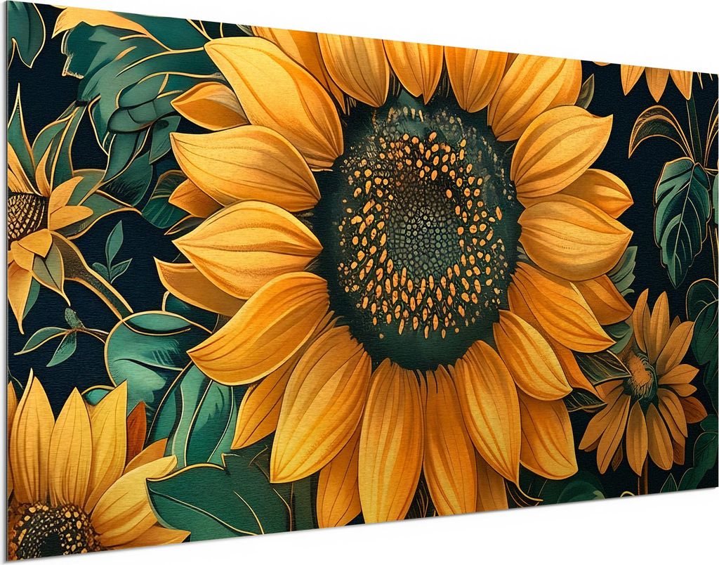 DEQORI Alu-Dibond Bild Gold 100x50 cm 'Strahlende Blüten' Wandbild Metall dünn Design
