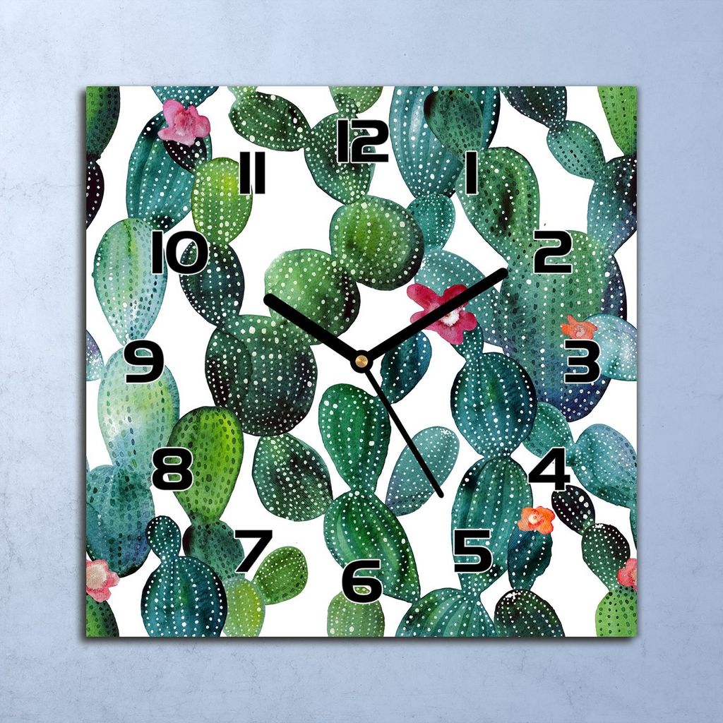 Wanduhr Echt-Glas-Küchenuhr Kakteen mit Blumen Quarz 30x30 Deko Bilder