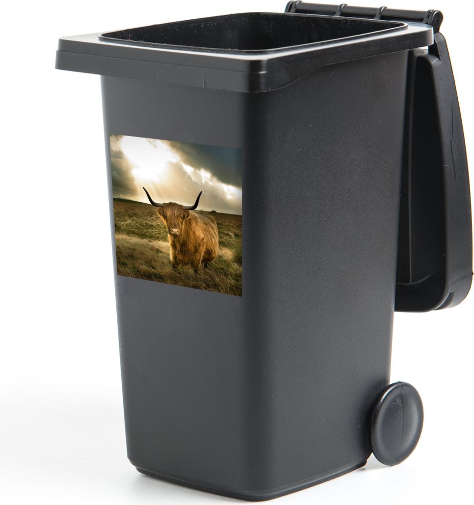 MuchoWow Mülltonnenaufkleber Schottischer Hochländer - Sonne - Tiere 40x40 cm - Abfall-Aufkleber - Container - für Abfallcontainer