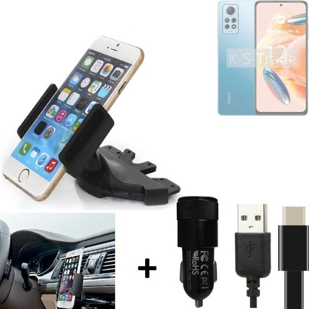 K-S-Trade CD Schlitz Handy-Halterung kompatibel mit Xiaomi Redmi Note 12R Pro Autohalterung KFZ-Halter Radio Handy Halterung 360° drehbar CD-Schacht