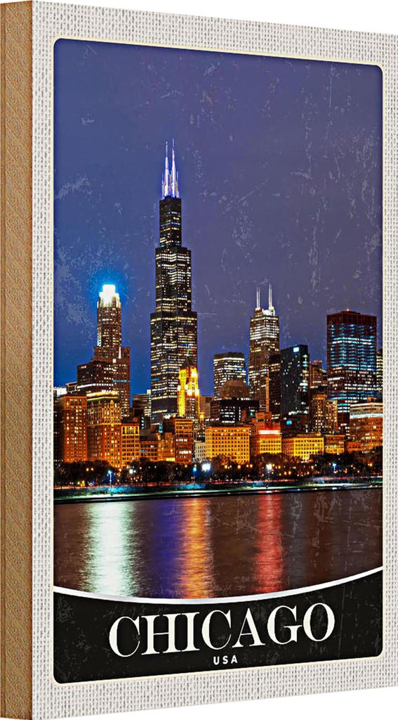 Holzschild Reise 20x30cm Chicago USA Amerika Abend am Meer