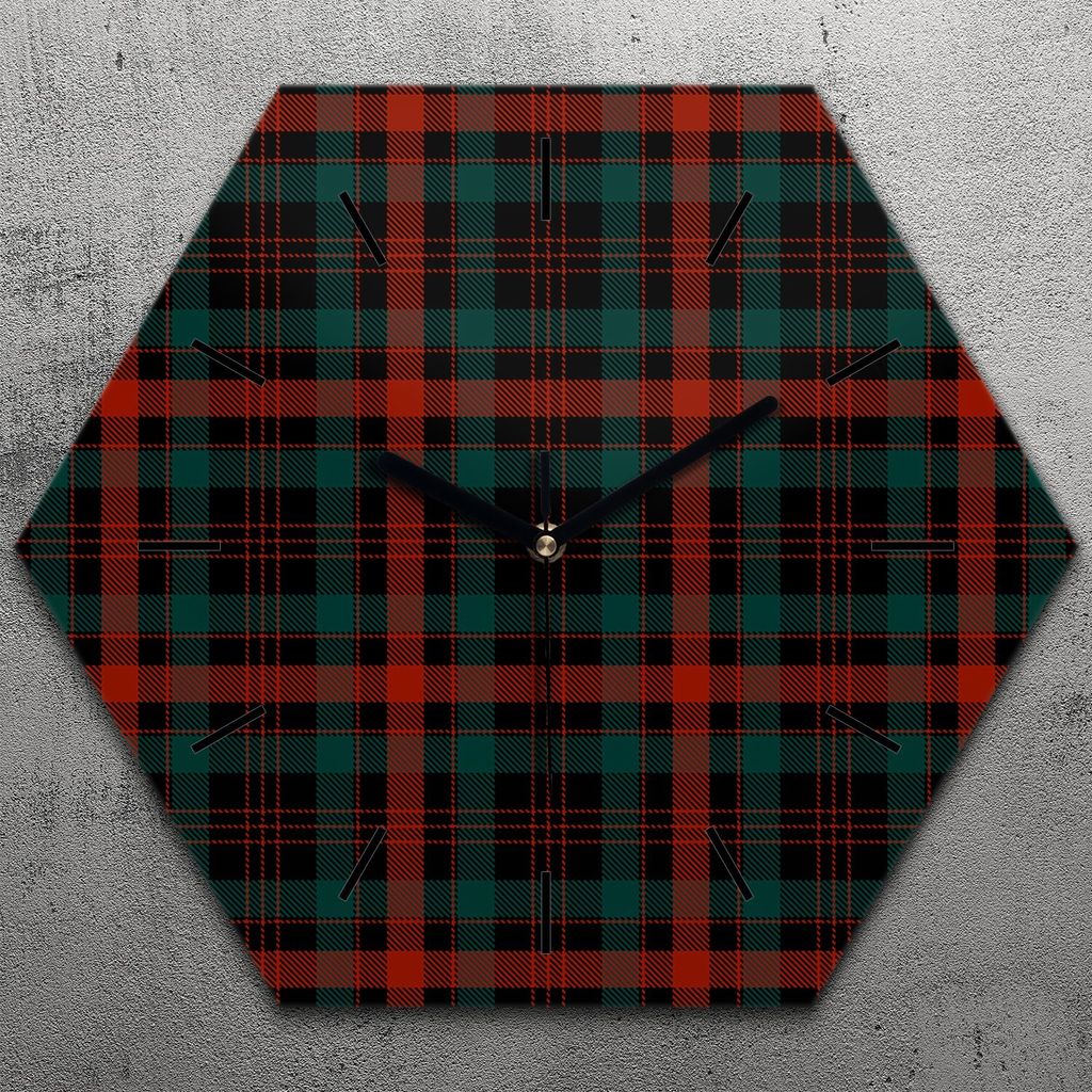 Uhr hexagonal 40 cm Glas Geräuschlos schwarze Zeiger - Schottisch kariert Muster