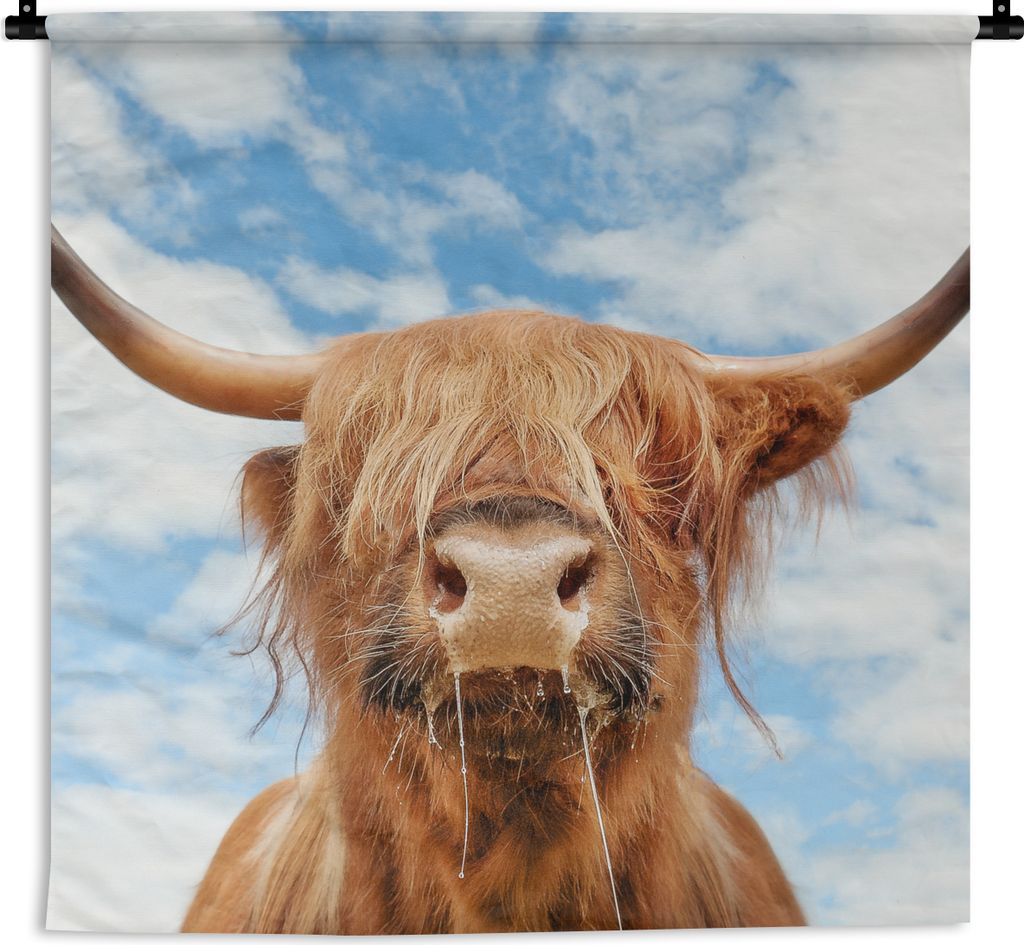 MuchoWow Wandteppich Wandbehang Schottisches Hochlandrind - Wolke - Tiere 90x90 cm Tapisserie Dekoration Wandtuch - Wandaufhänger