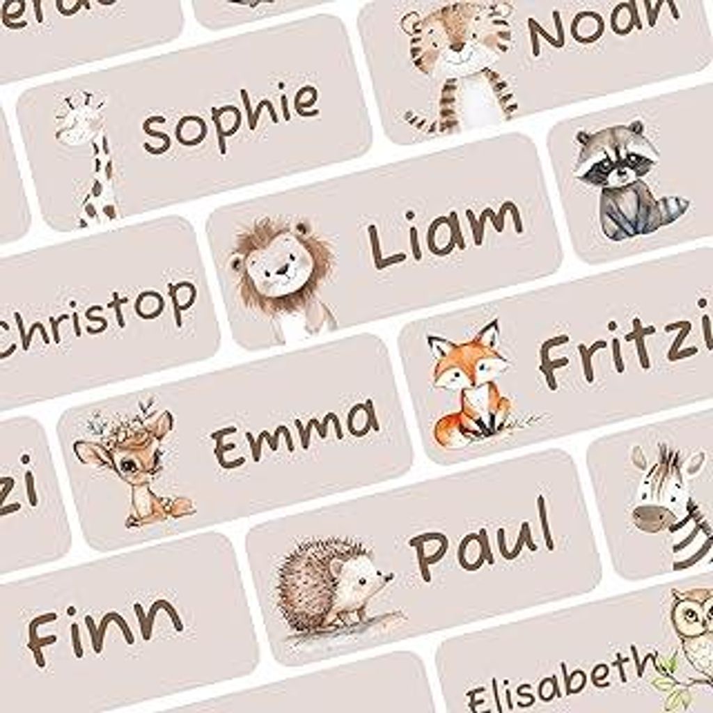 Namensaufkleber für Kinder, Kleidung & Gegenstände Namensschilder personalisiert und waschmaschinenfest, Schule und Kindergarten (Dschungeltiere,...