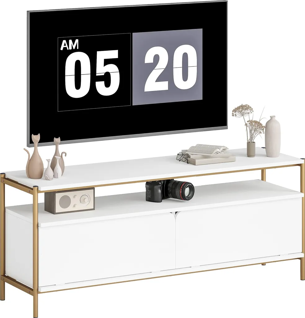 Banc TV Moderne Blanc avec Portes Rabattables et Étagère pour Salon 124cm
