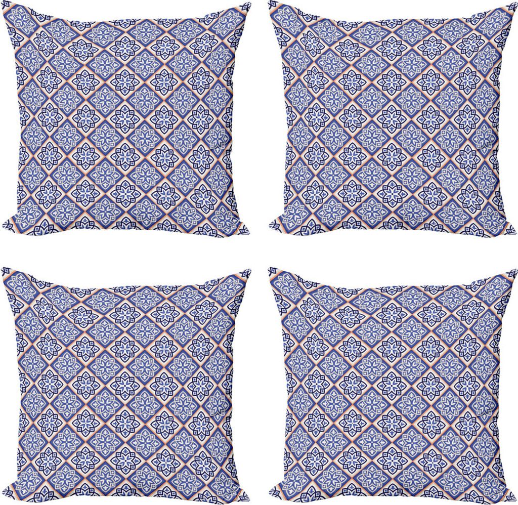 ABAKUHAUS Orient Kissenbezug Set (4 Stück), Vintage Blumen Rhombuses, Moderner Doppelseitiger Digitaldruck, 45 cm x 45 cm, Violet Blue Coconut