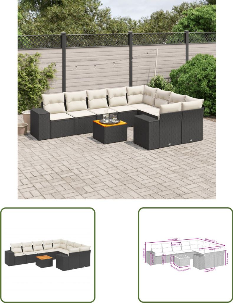 The Living Store 10-tlg. Garten-Sofagarnitur mit Kissen Schwarz Poly Rattan