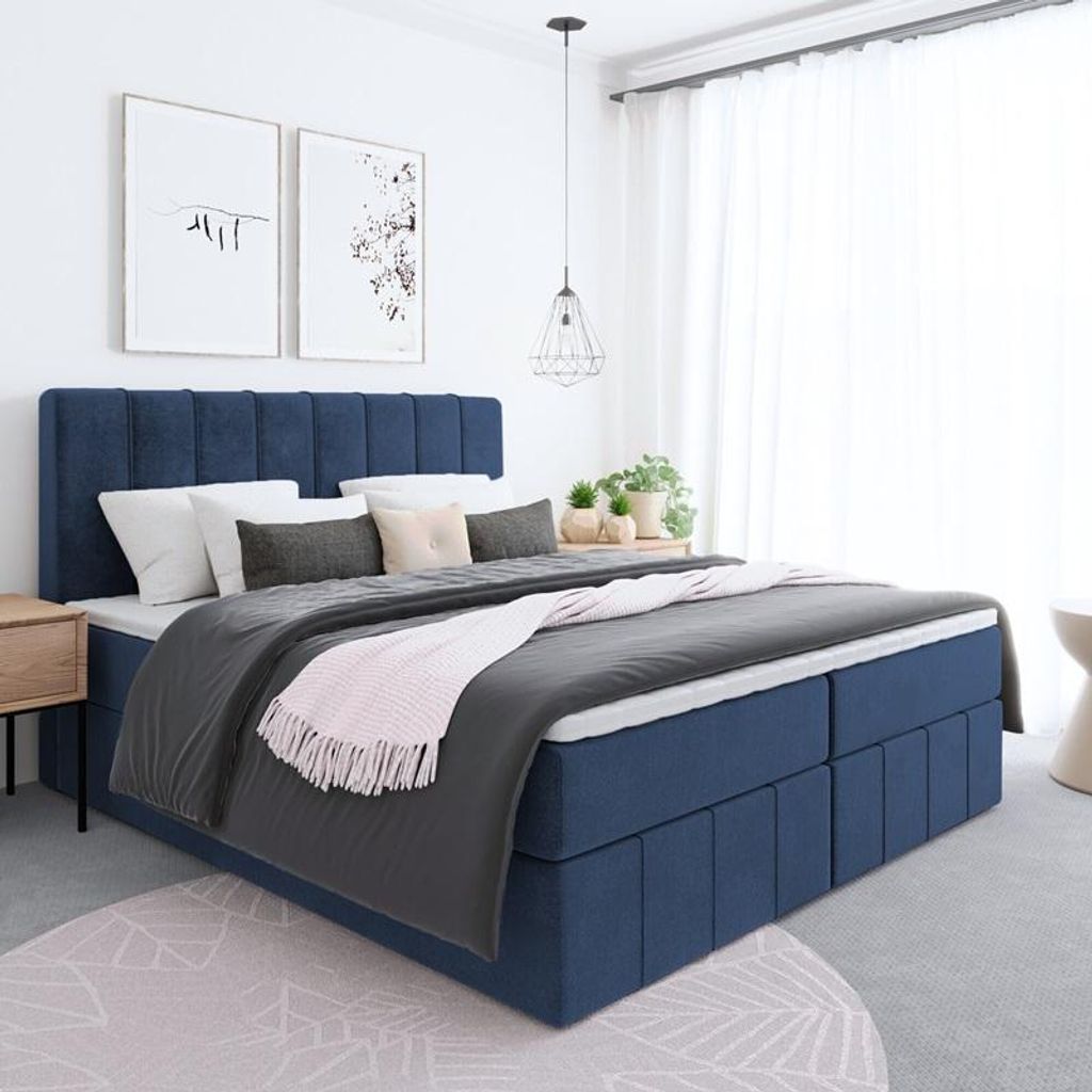 Bett REGI Topper T25 Boxspringbett mit Bettkästen - Doppelbett, Stauraum, Schlafzimmer, Polsterbett, Bettgestell (140x200, Dunkelblau - Itaka 11)
