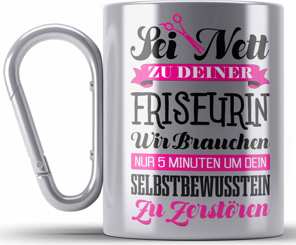 Trendation - Friseurin Edelstahl Tasse Karabiner Geschenk Produktbild 