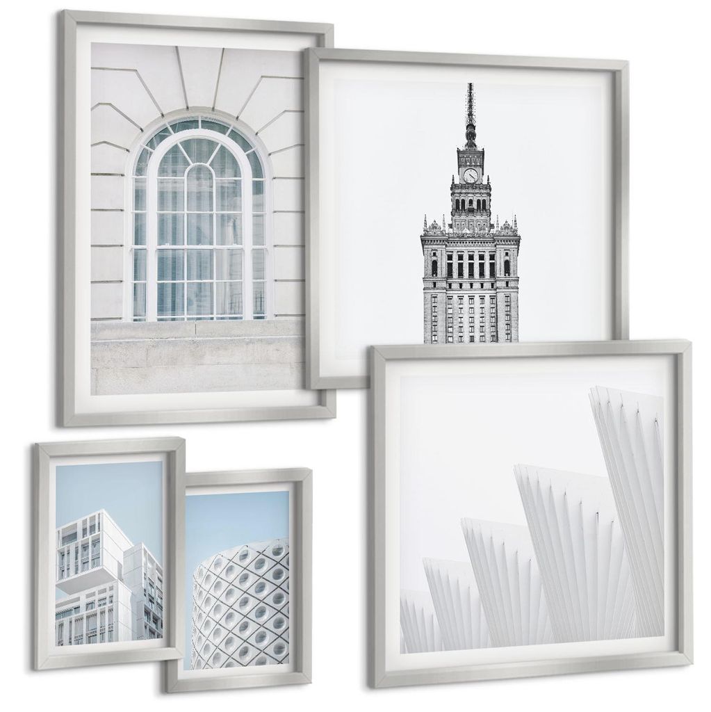 Bilder Set 5-teilig im silbergerahmten Rahmen – Wandbilder 5 Stück – gerahmte Poster für Wohnzimmer, Schlafzimmer und Flur – 50x50 cm - 40x...