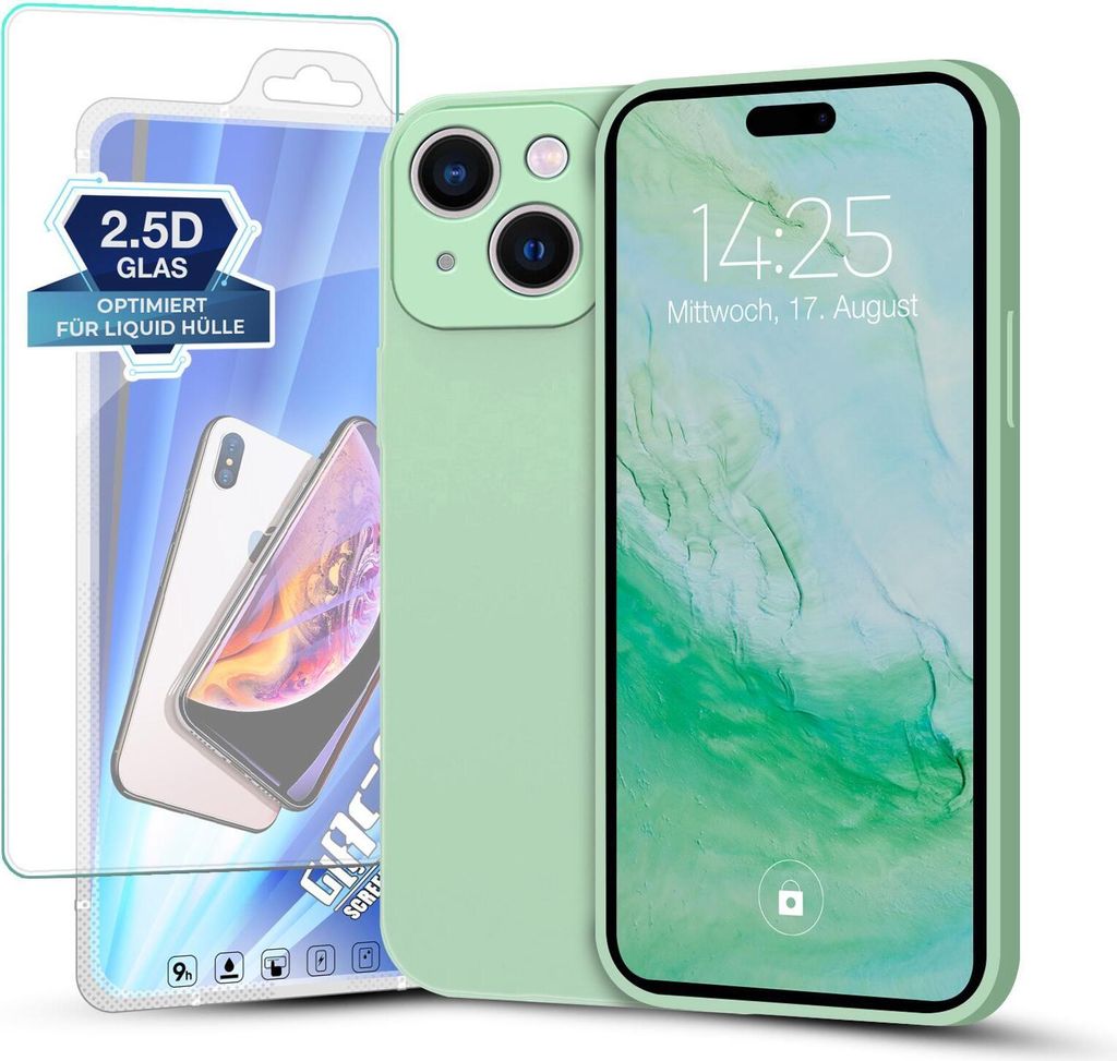 Hülle für iPhone 15 mit 9H Displayglas Displayschutz Plus Case Cover Bumper Silikon Softgrip Schutzhülle Farbe: Türkis