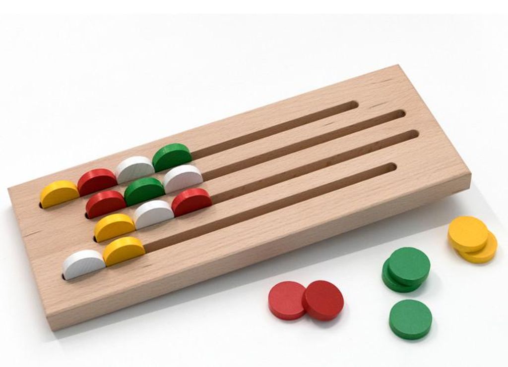 A wooden board with four tracks, each containing colored wooden pieces. Several loose colored wooden pieces are scattered around the board.