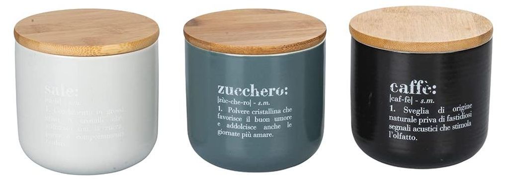 Set mit 3 Dosen für Salz, Zucker und Kaffee, 500 ml, aus New Bone China, Deckel aus Bambus