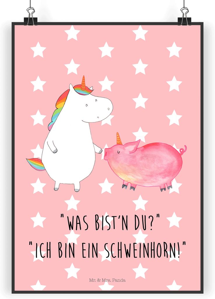 Mr. & Mrs. Panda Bild Einhorn Schwein DIN A4 - Rot Pastell - Geschenk, Einhörner, Freundschaft, Freundin, Posterdruck, drucke, Unicorn, Wandbild, ...