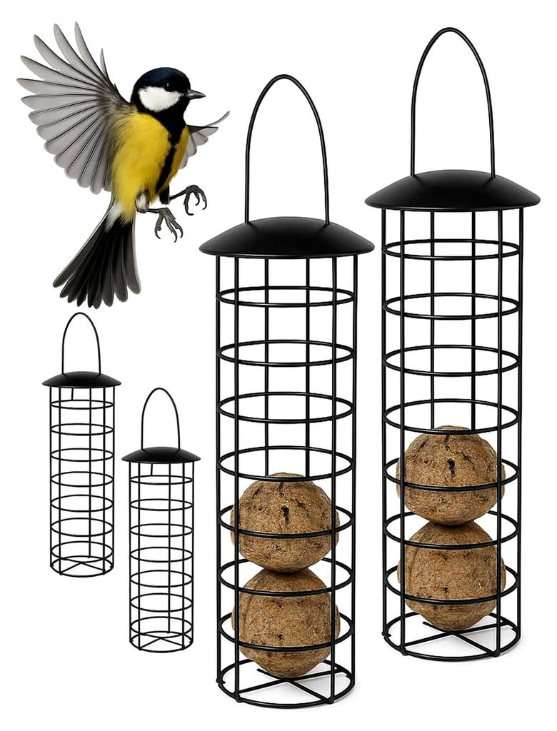 Meisenknödelhalter 4er Set, zum Aufhängen, HxD 31x8,5 cm, Vogelfutterspender für Wildvögel, Metall, schwarz