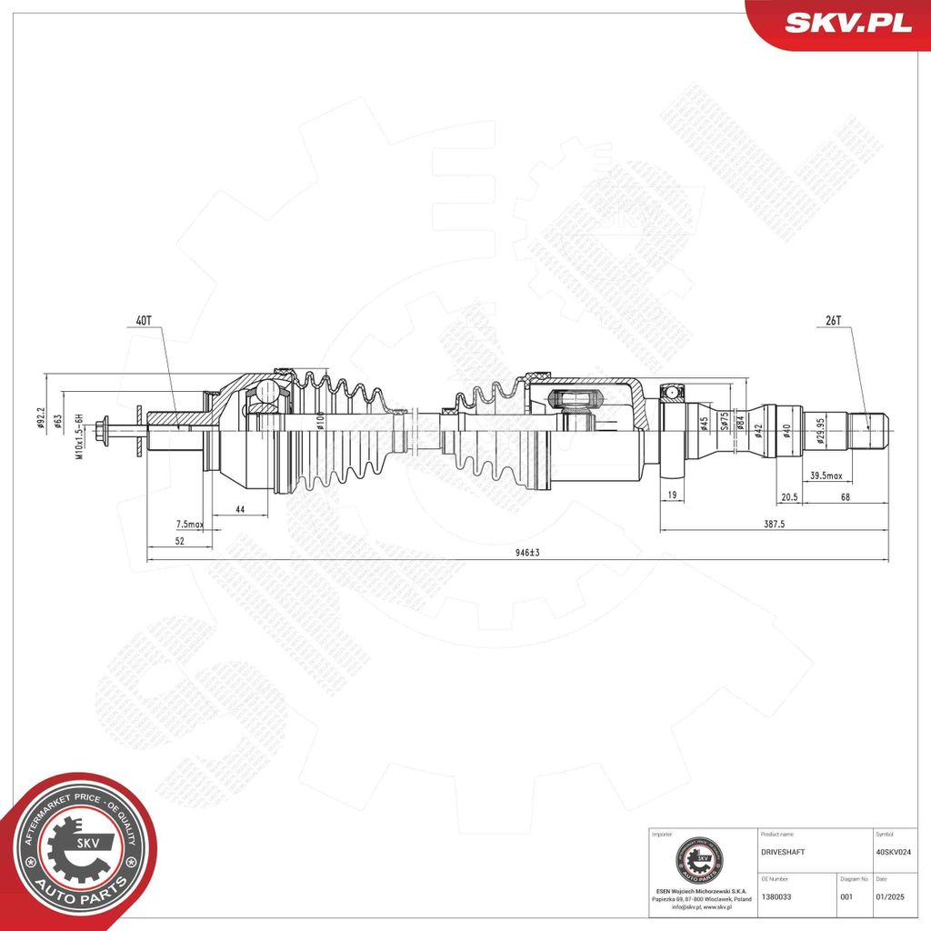 ESEN SKV 40SKV024 Antriebswelle Vorne Rechts für FORD MONDEO IV Turnier (BA7) S-MAX (WA6) GALAXY (WA6) MONDEO IV (BA7) MONDEO IV Stufenheck (BA7)