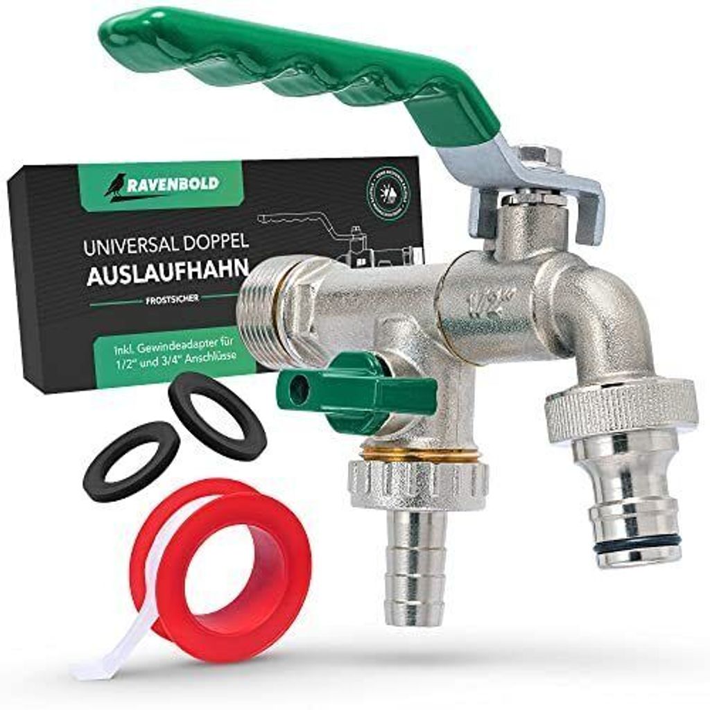 RAVENBOLD Wasserhahn Garten 1/2 Zoll - Premium Doppel Kugelhahn - Wasserhahn aussen für Gartenregentonne & Bewässerungssystem - Gartenwasserhahn ...