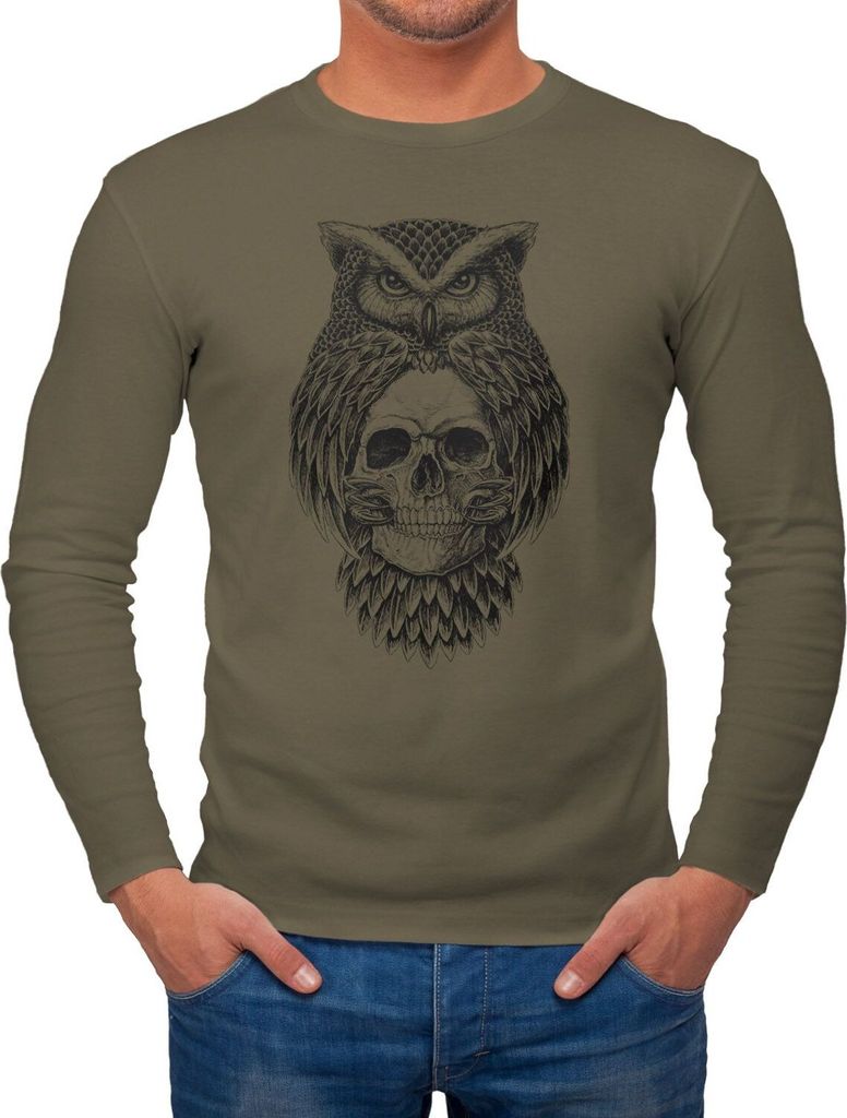 Herren Long-Sleeve Eule Totenkopf Owl Skull Schädel Langarm-Shirt Neverless khaki XL
