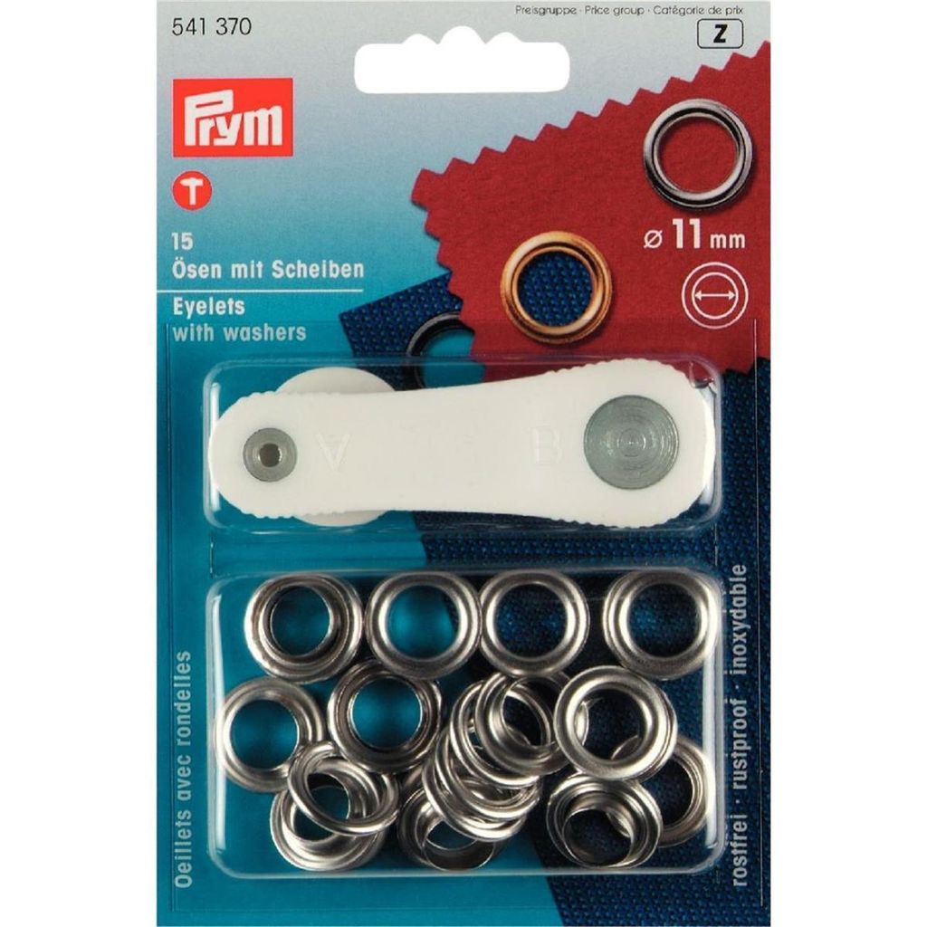 A retail package of Prym eyelets with washers.