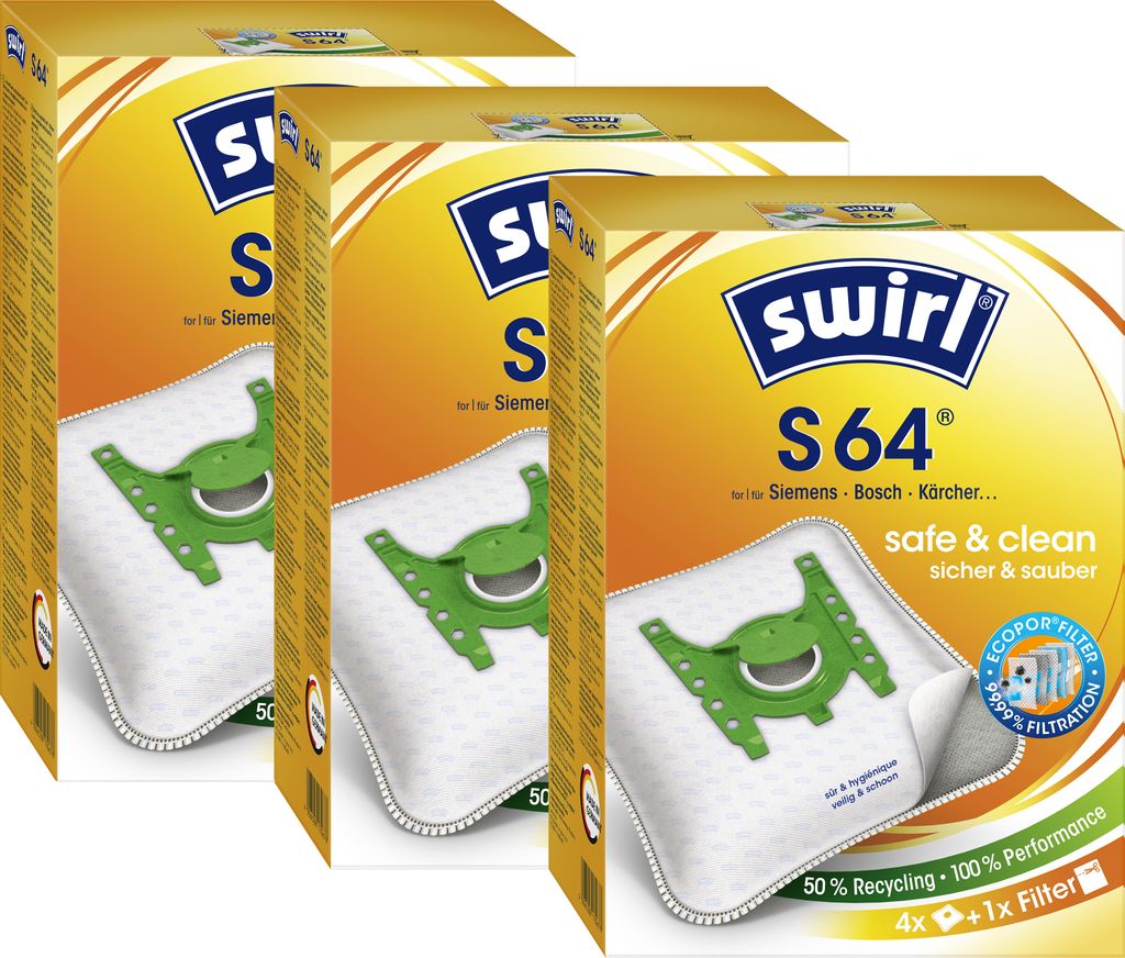 SWIRL Staubsaugerbeutel S64 EcoPor für Siemens, Bosch, Kärcher 12 Beutel