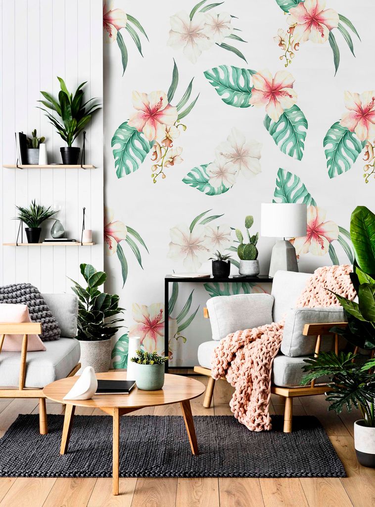 Coloray Fototapete 290x290 cm An Einer Wand Latex Latextapete - Hawaiische Blumen verlässt Palme