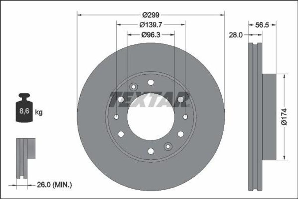 2x TEXTAR Bremsscheibe 92338103 für HYUNDAI H350 Kasten H350 Bus 56 5mm 8 6kg