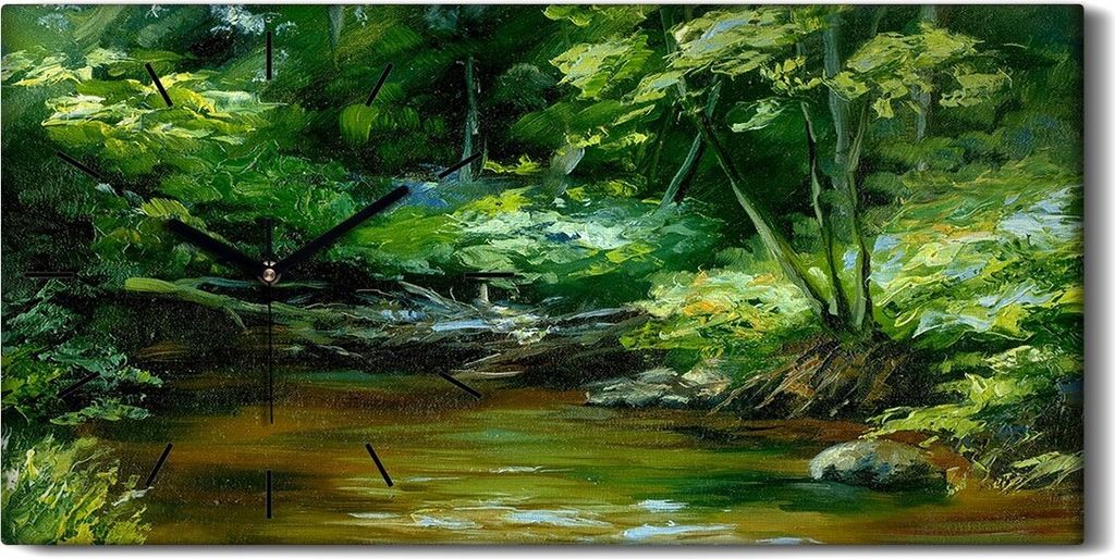 Wanduhr Bürouhr Leinwand Bild Quarz 60x30 Grün Fluss Strom Landschaft Wald - schwarze Hände