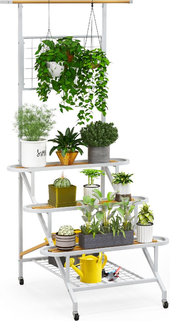 Pflanzenregal mit Rankgitter Hängestange Ablagen, Blumentreppe auf Rollen, Blumenregal Metall, Pflanzenständer 3 Ebenen, Multi-Pflanzentreppe fü...
