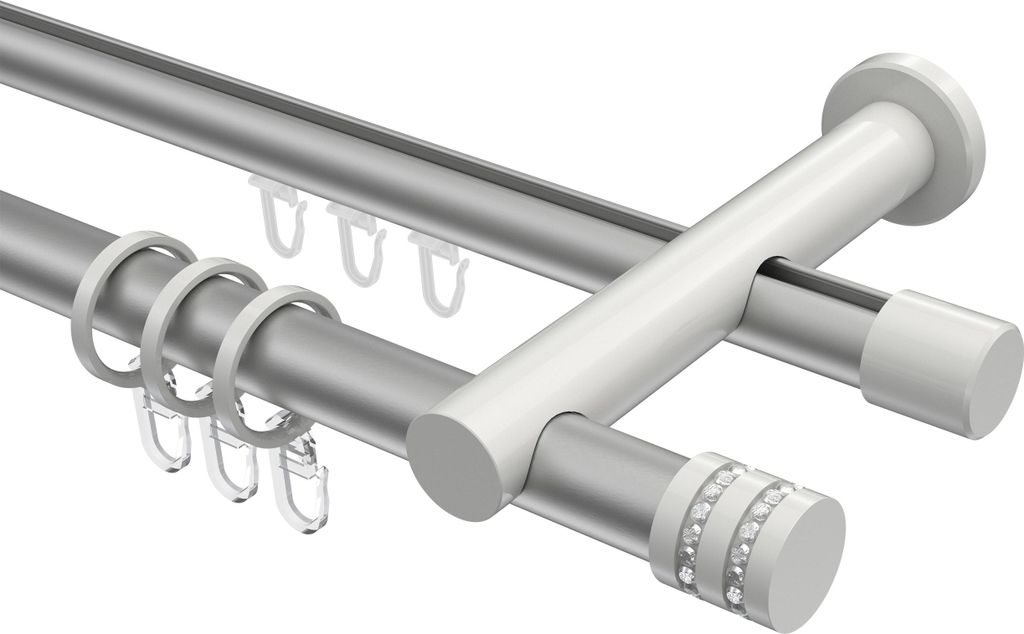 Interdeco Rundrohr-Innenlaufstange / Gardinenstange (Kombination) Silbergrau / Weiß, Typ Platon Estana (Glitzerkappe), 20 mm Ø 2-läufig, 420 cm