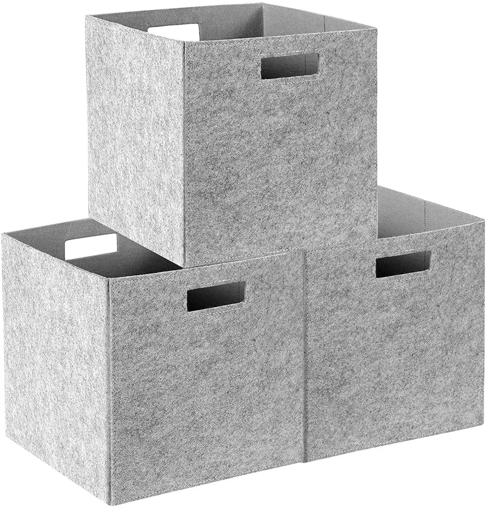 Boîtes en tissu cubiques pour étagères lot de 3 bacs feutre gris 31cm