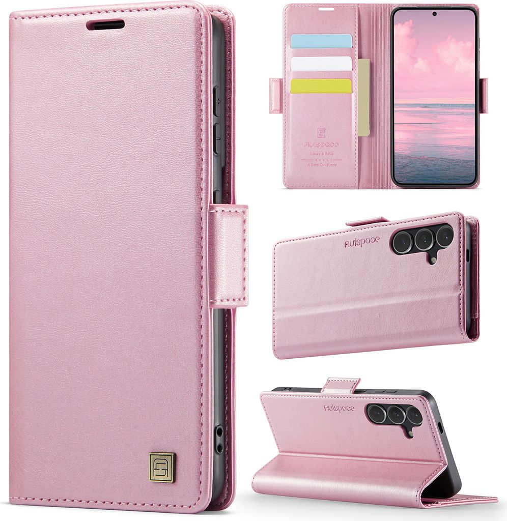 Lederhülle für Samsung Galaxy S24, RFID Schutz Handyhülle mit Magnetverschluss, Kartenfächern und Ständer Pink