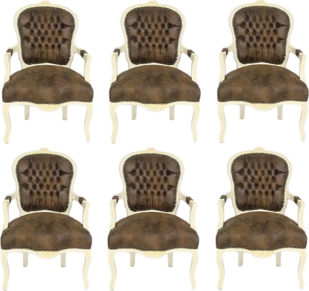 Casa Padrino Barock Salon Stuhl Set Braun / Creme 60 x 50 x H. 93 cm - 6 handgefertigte Salon Stühle mit Lederoptik - Barockmöbel