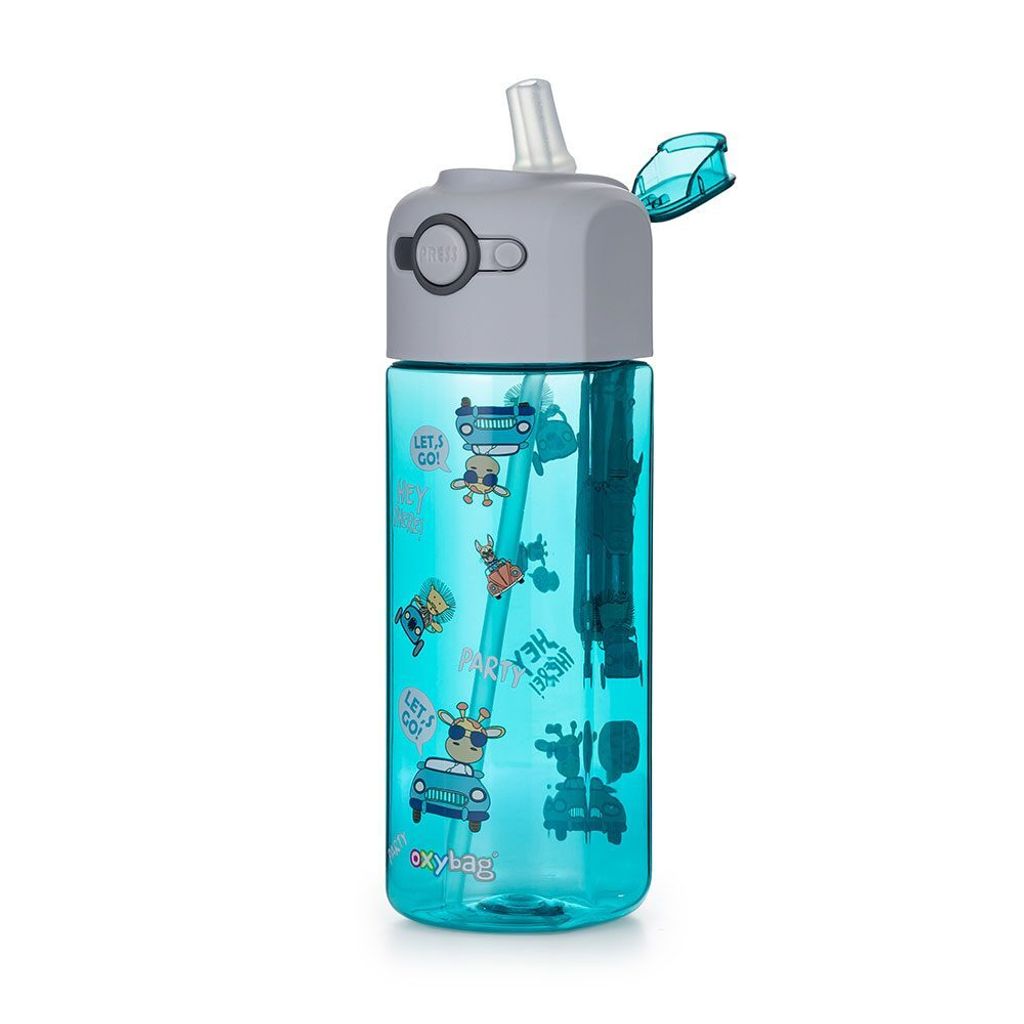 Oxy SMiLE Trinkflasche 450 ml für Kinder mit Tier-Design, Strohhalm, BPA-frei