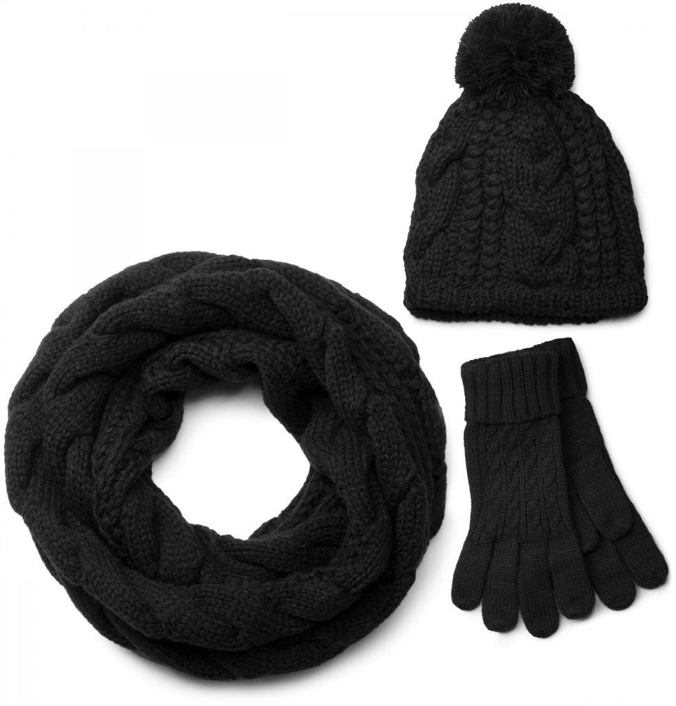 styleBREAKER Schal, Mütze und Handschuh Set, Zopfmuster Strickschal mit Bommelmütze und Handschuhe, Damen 01018208