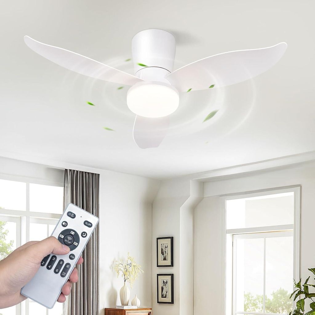ZMH Deckenventilatoren Beleuchtung 3 Flügel Leise Deckenventilator Licht Weiß Dimmbare Ventilator Deckenlampe 6 Geschwindigkeiten Küchenlampe