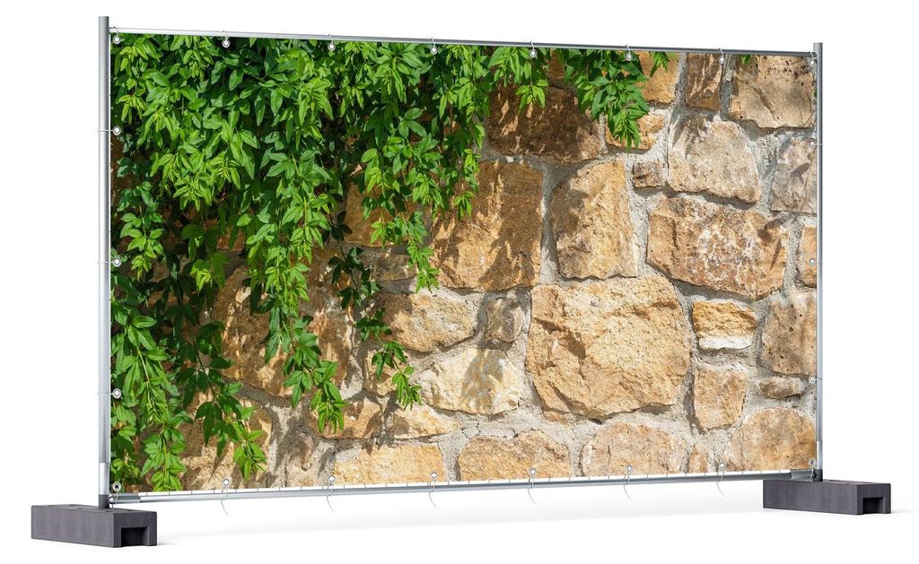 Wallario XXL Outdoor-Poster für Garten oder Balkon, Motiv Natursteinwand mit Ranken, in ca. 340 x 173 cm