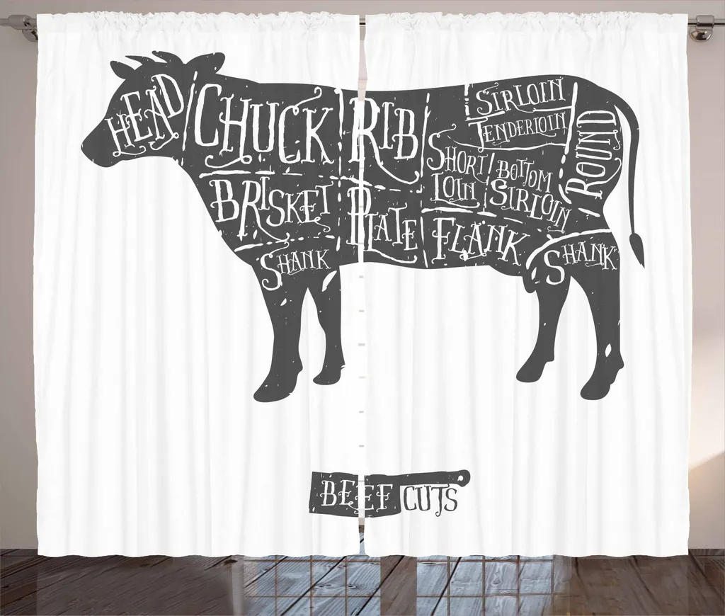 ABAKUHAUS Il bestiame Tenda rustica, disegnata a mano Butcher Cuts, soggiorno Tenda universale con passanti e ganci, 280 x 245 cm, grigio antracite e bianco