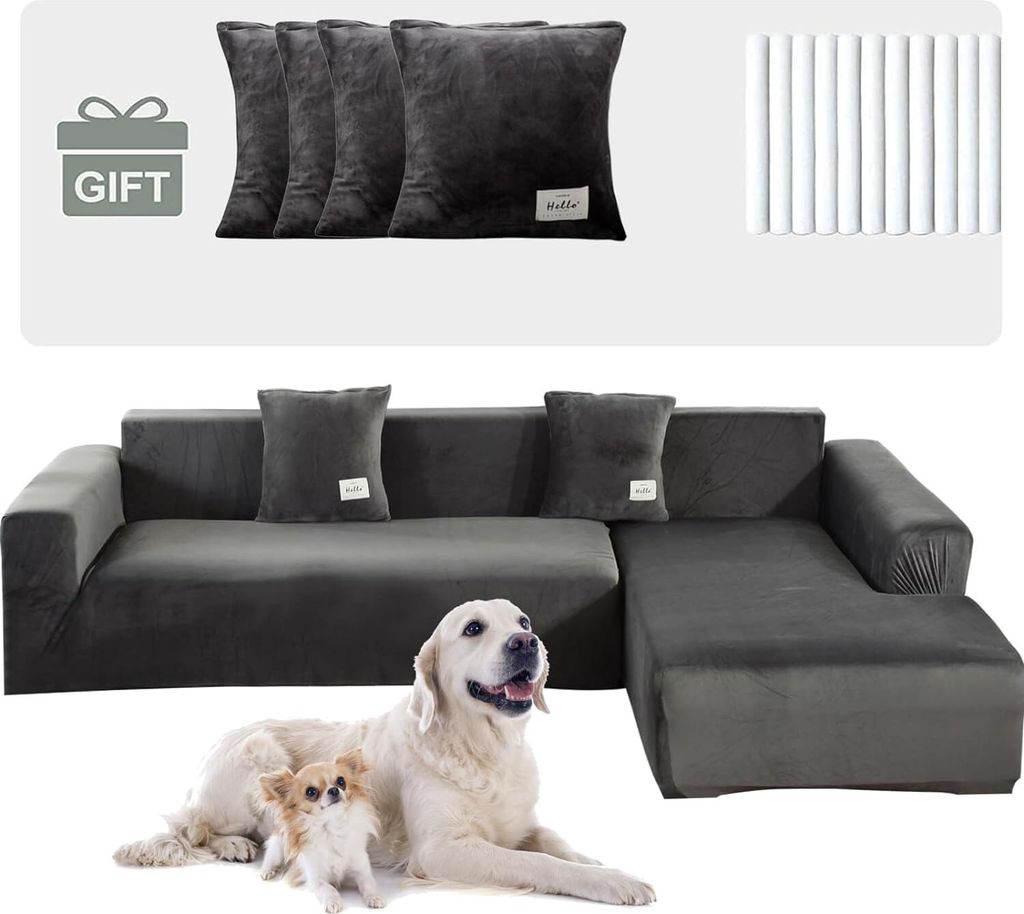 L-förmiger Sofabezug Stretch Samt verdickter Ecksofabezug,3 Sitzer+3 Sitzer Couchbezüge,Möbelschutz mit 4 Kissenbezügen für Möbel,Hund,Katze(...