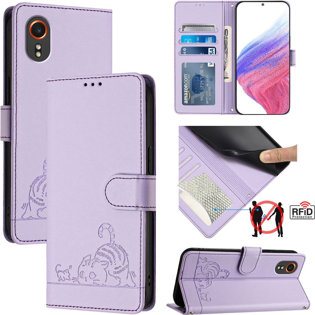 Leder Hülle für Samsung Galaxy Xcover 7 Süße Katze Flip Case Brieftasche Schutzhülle mit Standfunktion Lila