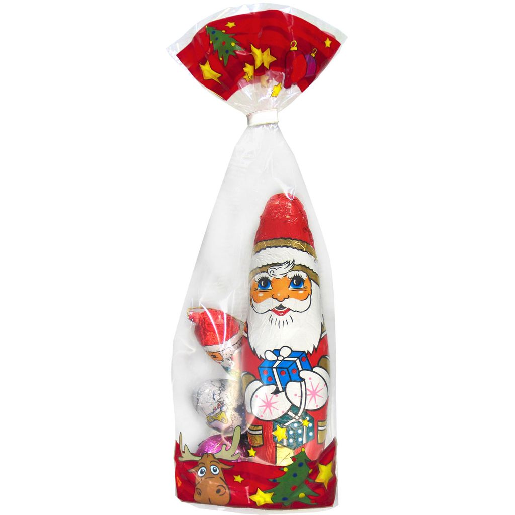 A Christmas-themed chocolate gift bag featuring a chocolate Santa figure and smaller chocolates.