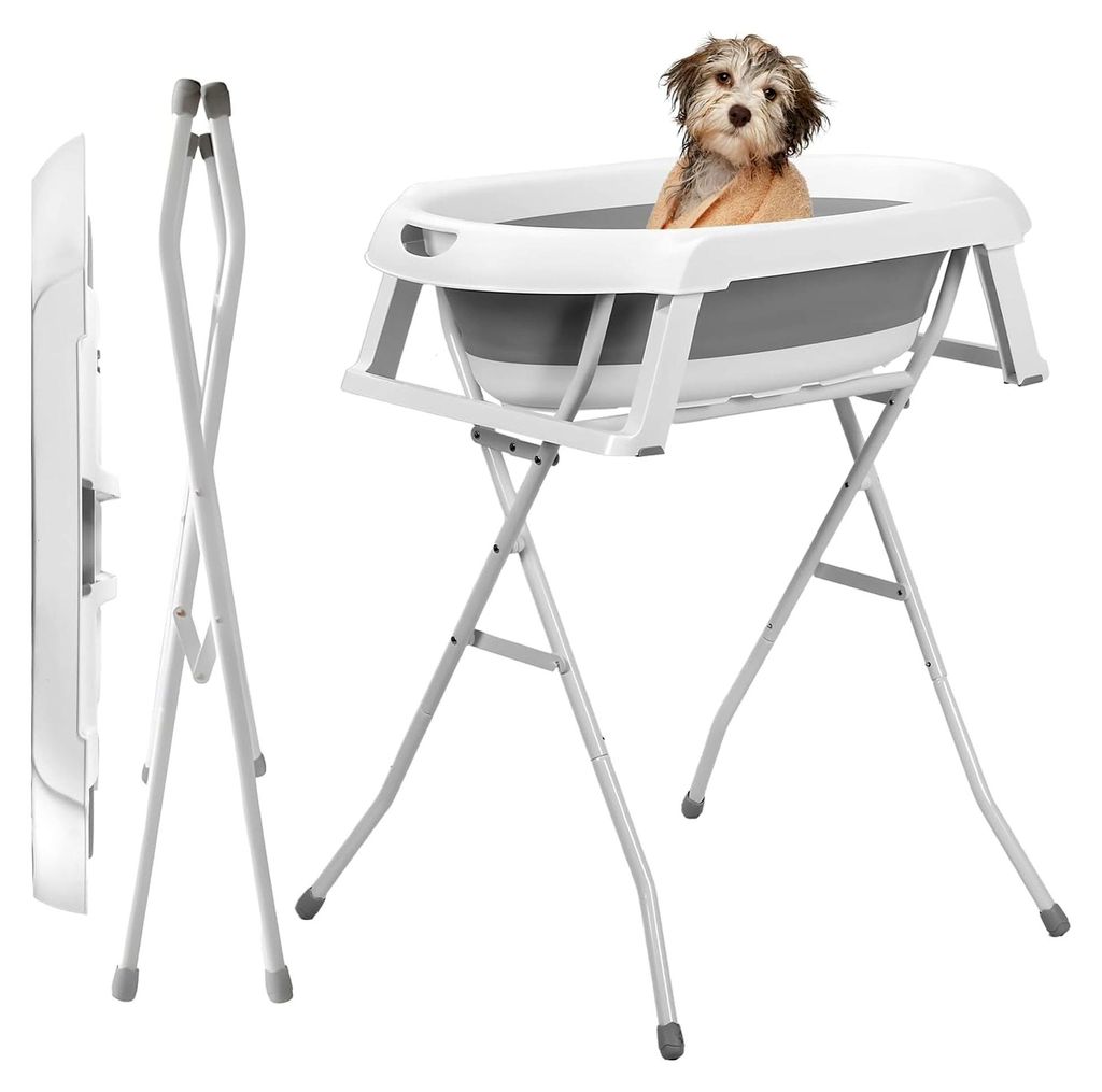 2-in-1 Hundebadewanne, Hundewaschstation mit Ständer, zusammenklappbare erhöhte Badewanne für Haustiere zum Baden, Duschen und Pflegen, Badewann...