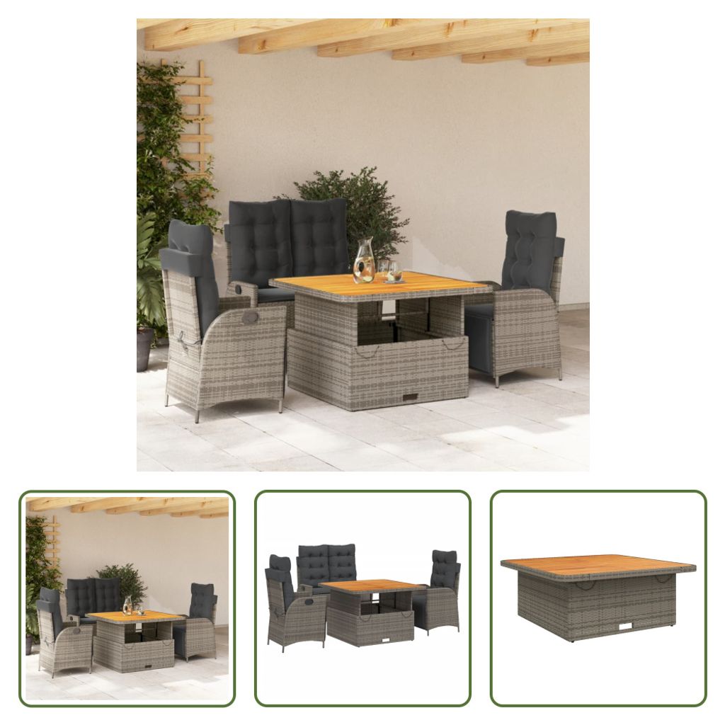 The Living Store 4-tlg. Garten-Essgruppe mit Kissen Grau Poly Rattan