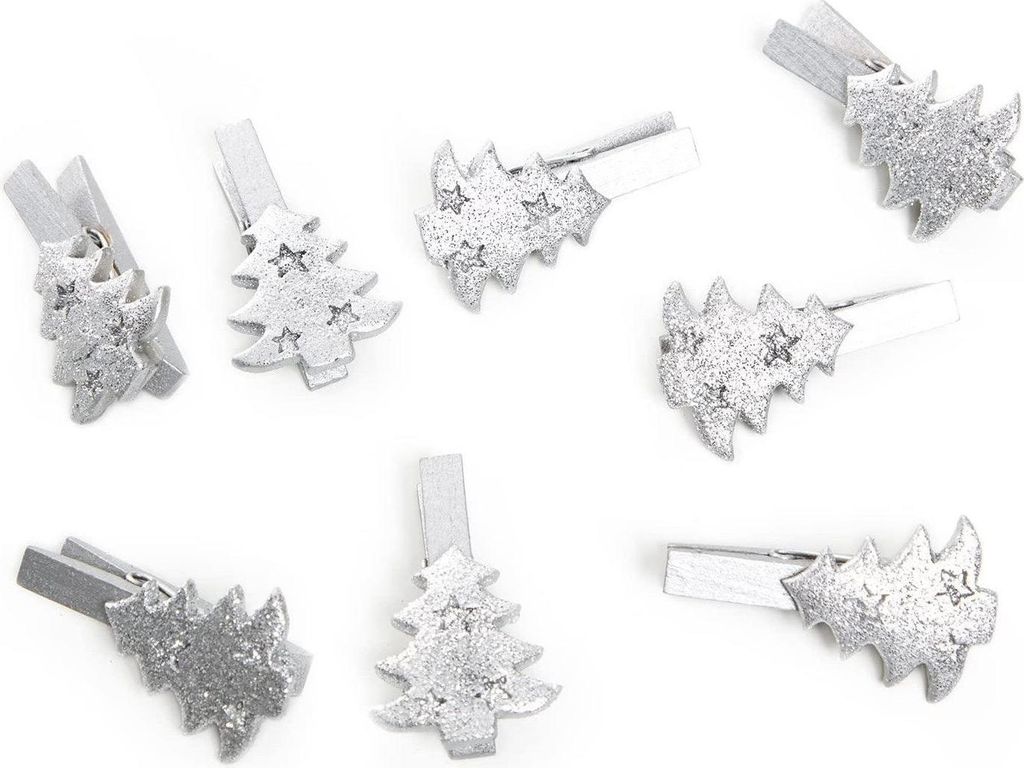 8 Weihnachtsdeko Klammern aus Holz - kleine Tannenbäume silber 5 cm - Zierklammer Weihnachten