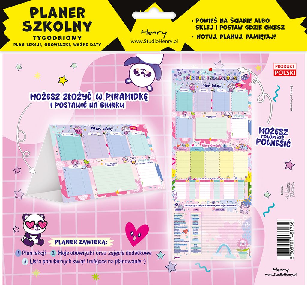 Planer szkolny tygodniowy Kawaii z planami zajęć