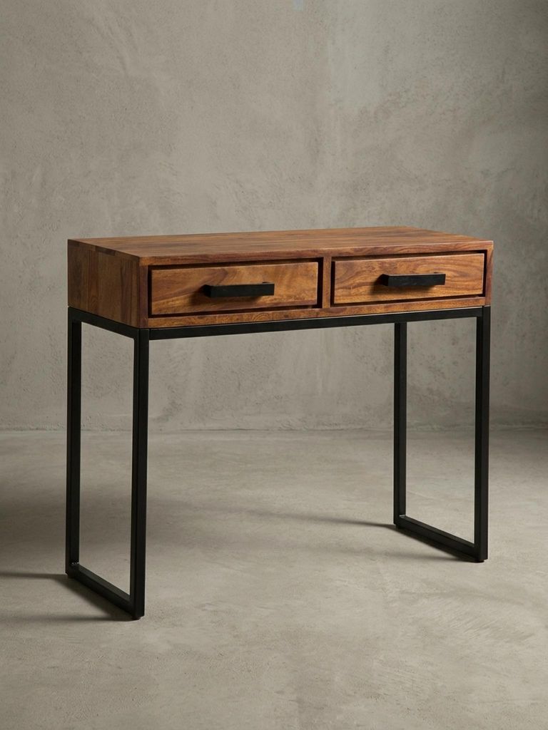 Massiver Sheeshamholz Konsolentisch mit schwarzen Metallbeinen, Industrial Style, geräumige Schubladen. 90x36x77 cm | Kadima Design