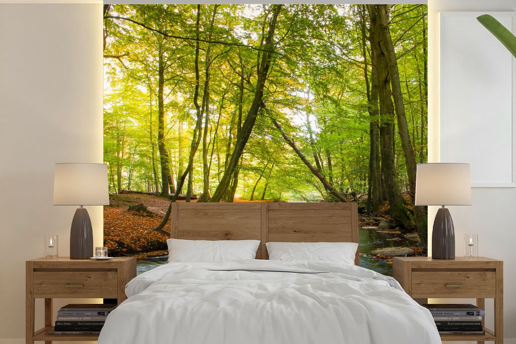 MuchoWow Fototapete für Wohnzimmer oder Schlafzimmer Wandtapete Vinyl Motivtapete Ein dunkler Fluss inmitten eines dänischen Waldes - 280x280 c...