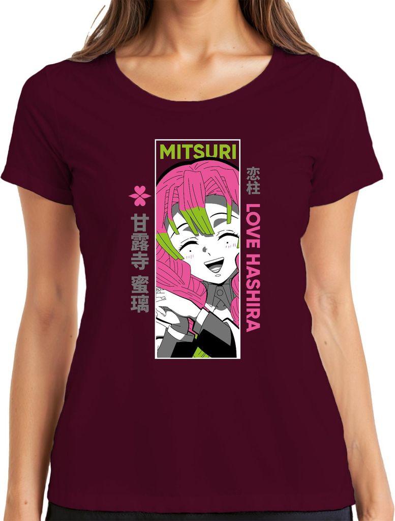 Mitsuri Love Hashira Demon Slayer Anime Geschenk Otaku kawaii Damen T-Shirt, Burgundy, XL